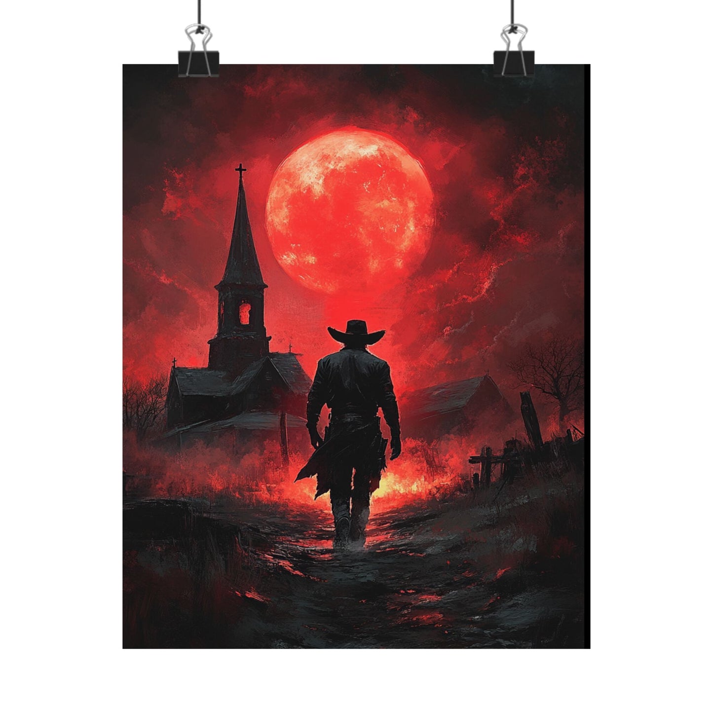 Red Moon Cowboy Matte Vertical Poster - Dark Western Art for Home Decor