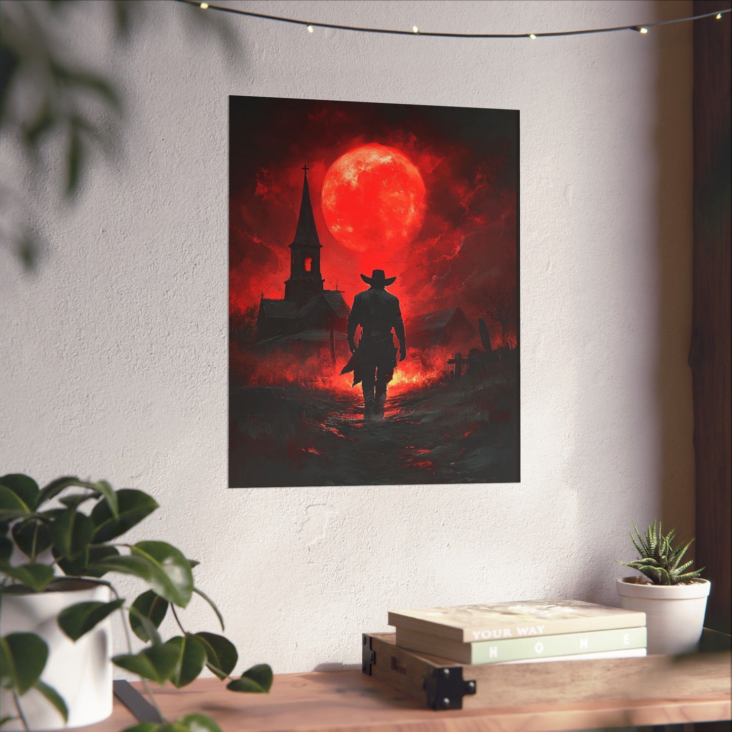 Red Moon Cowboy Matte Vertical Poster - Dark Western Art for Home Decor