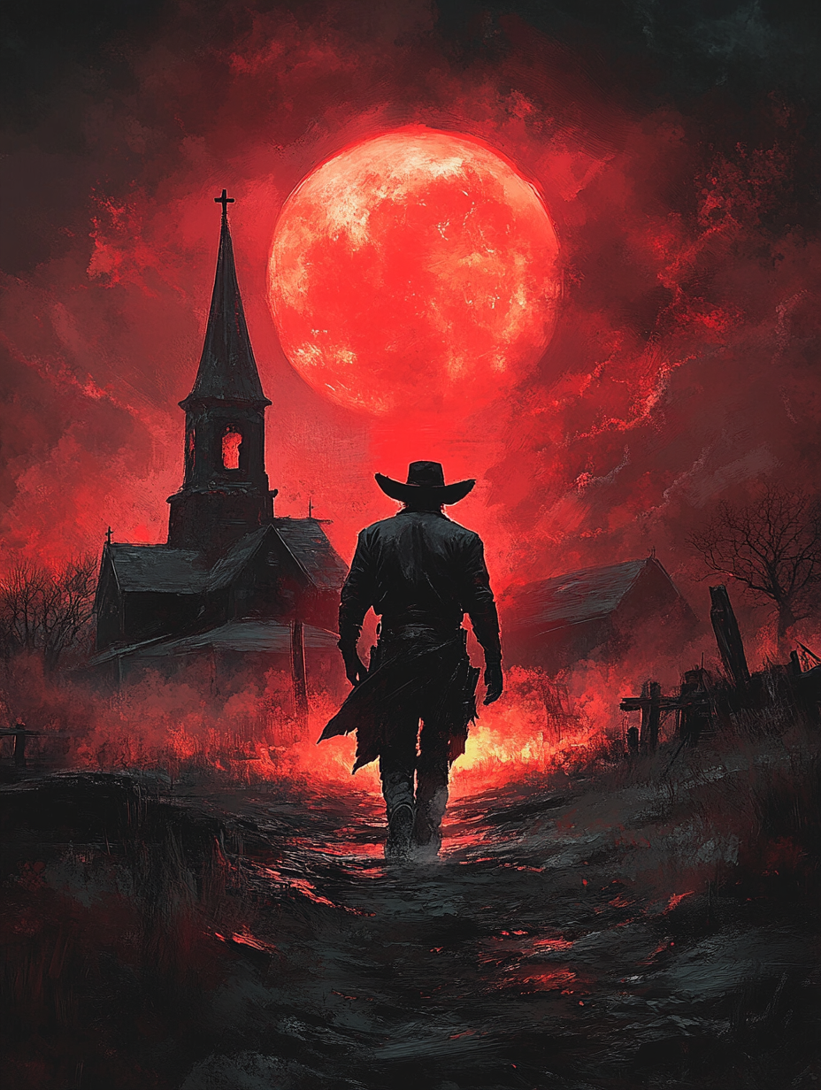 Red Moon Cowboy Matte Vertical Poster - Dark Western Art for Home Decor