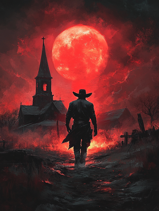 Red Moon Cowboy Matte Vertical Poster - Dark Western Art for Home Decor