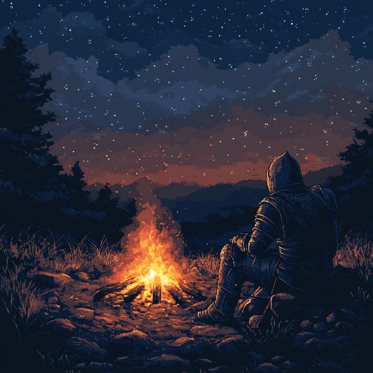 Serene Campfire Knight Matte Vertical Poster - Fantasy Wall Art for Adventurers