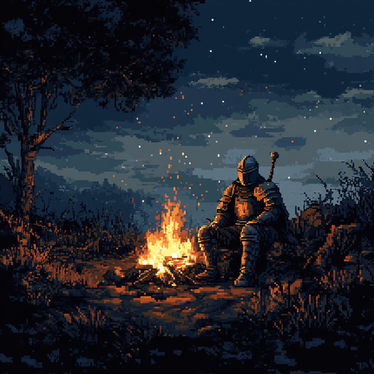 Epic Knight Campfire Matte Vertical Poster - Retro Pixel Art Decor