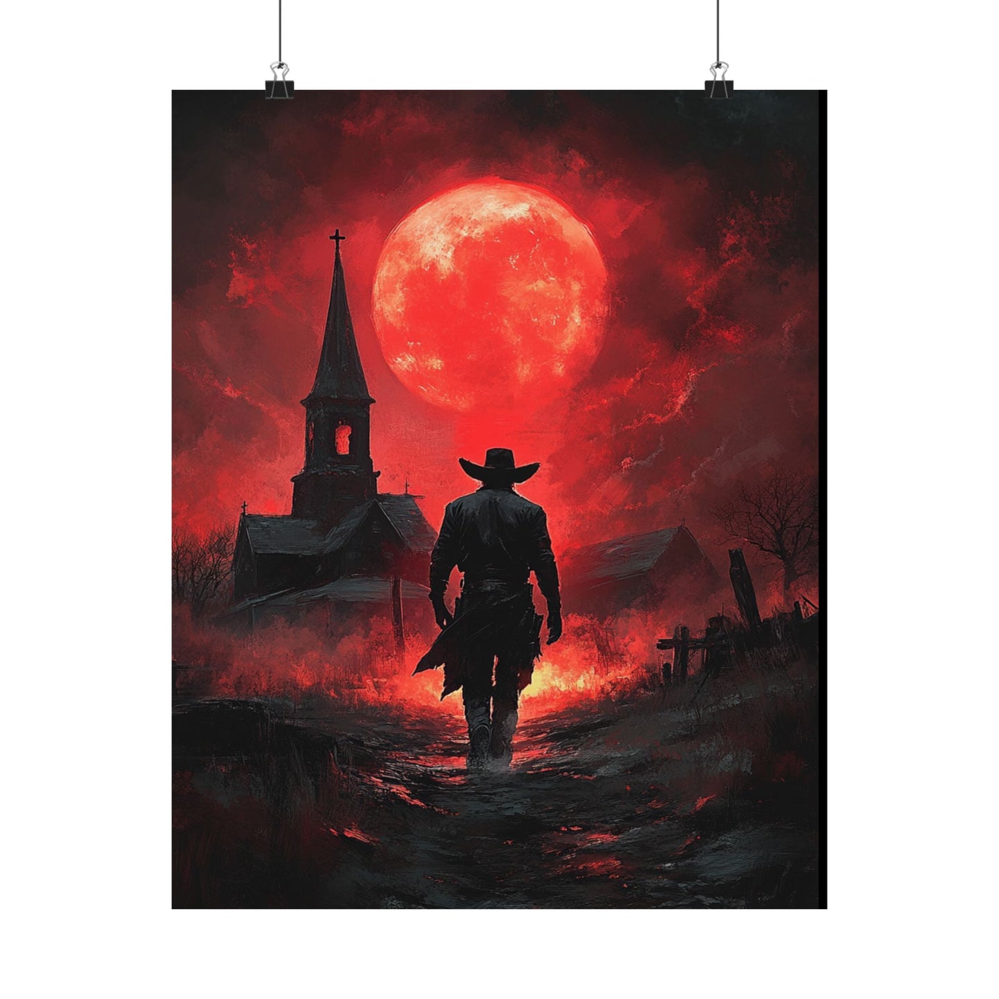 Red Moon Cowboy Matte Vertical Poster - Dark Western Art for Home Decor